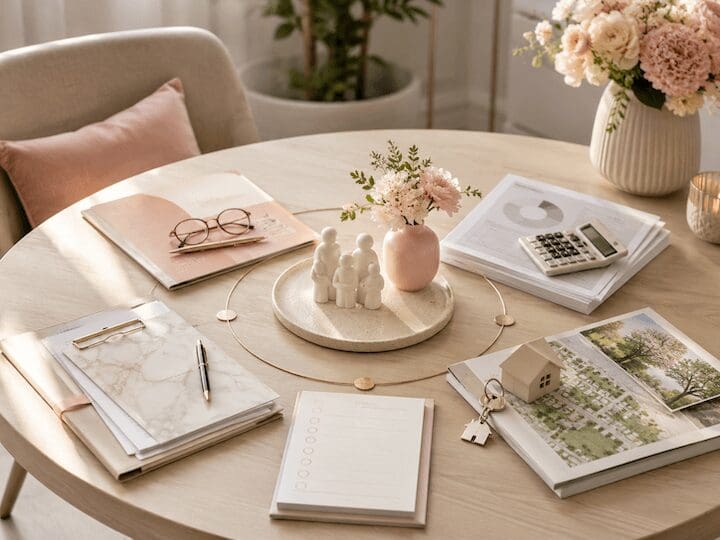 A warm, sunlit consultation table with neatly arranged papers, a calculator, checklist, eyeglasses, house keys, a small home model, and a neighborhood map surrounding a simple family figurine and flowers.